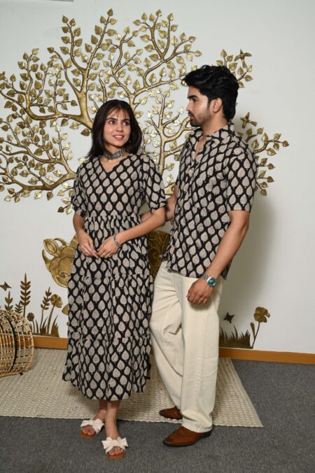 Couple Matching Black & Beige Cotton Anarkali Midi Dress and Shirt Set ? Leaf Print Twinning Outfit