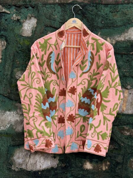 Womens Light Pink Velvet Embroidered Jacket with Floral Design